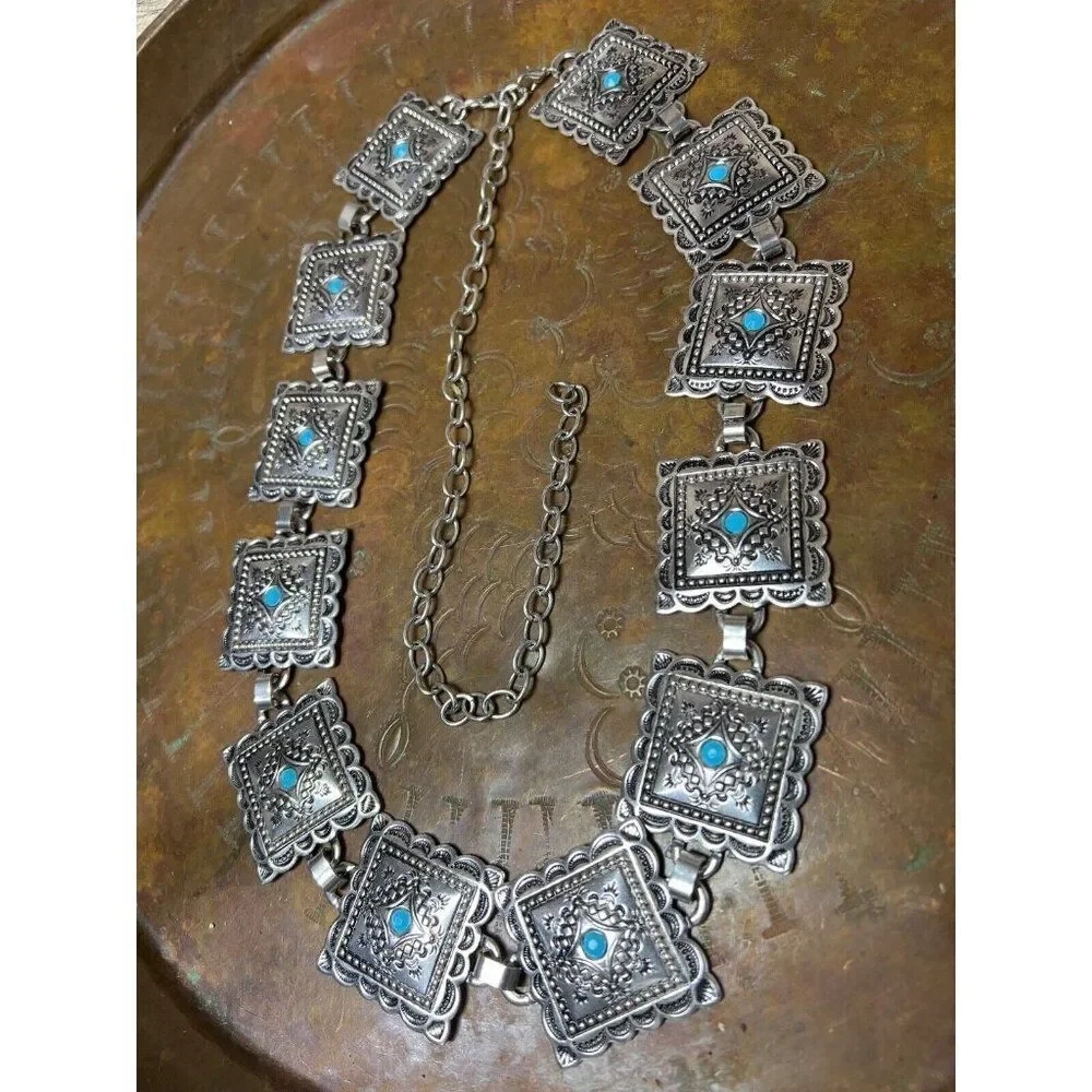Concho Southwest Silver Unisex Chain belt adjustable to 52” Faux Turquoise new - Picture 2 of 10